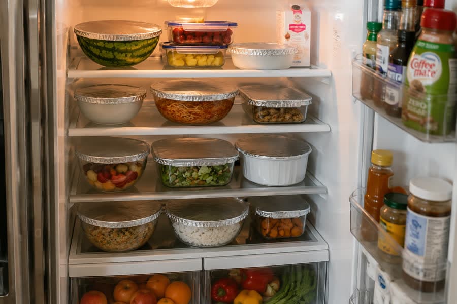 A refrigerator filled with containers sealed by foil covers