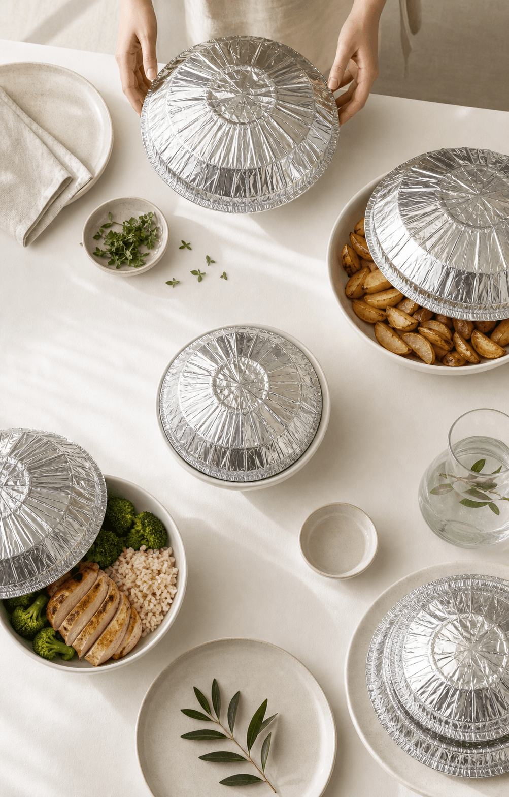 Instagram mood-board flat lay of silver foil food covers over bowls and plates