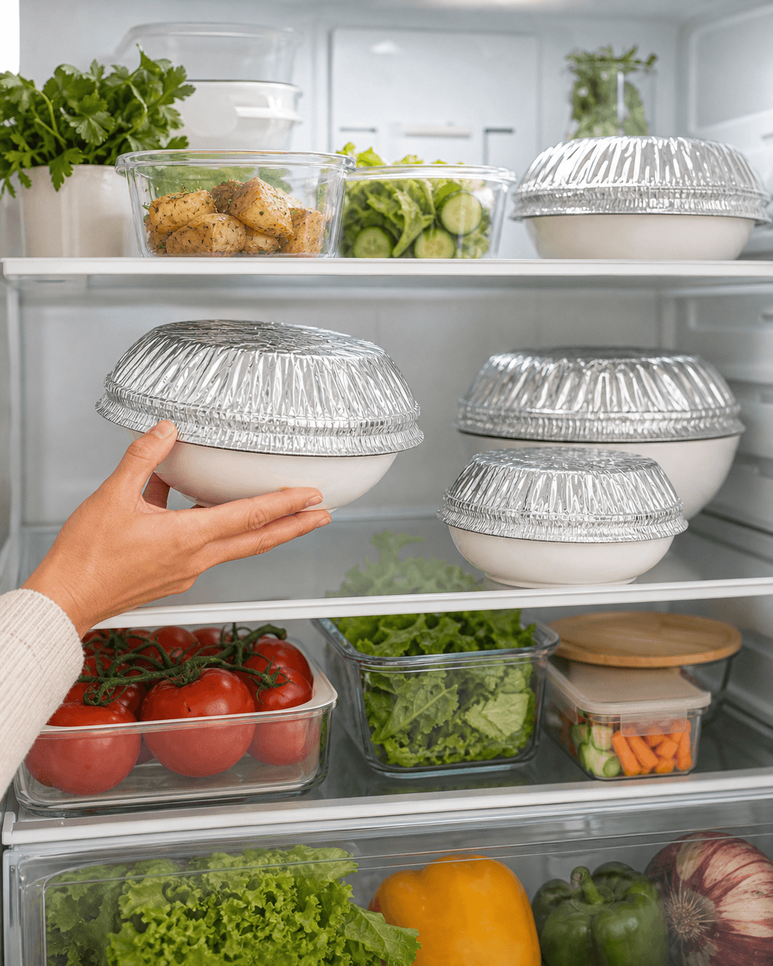 Organized refrigerator mood-board post with bowls covered by silver foil dome covers