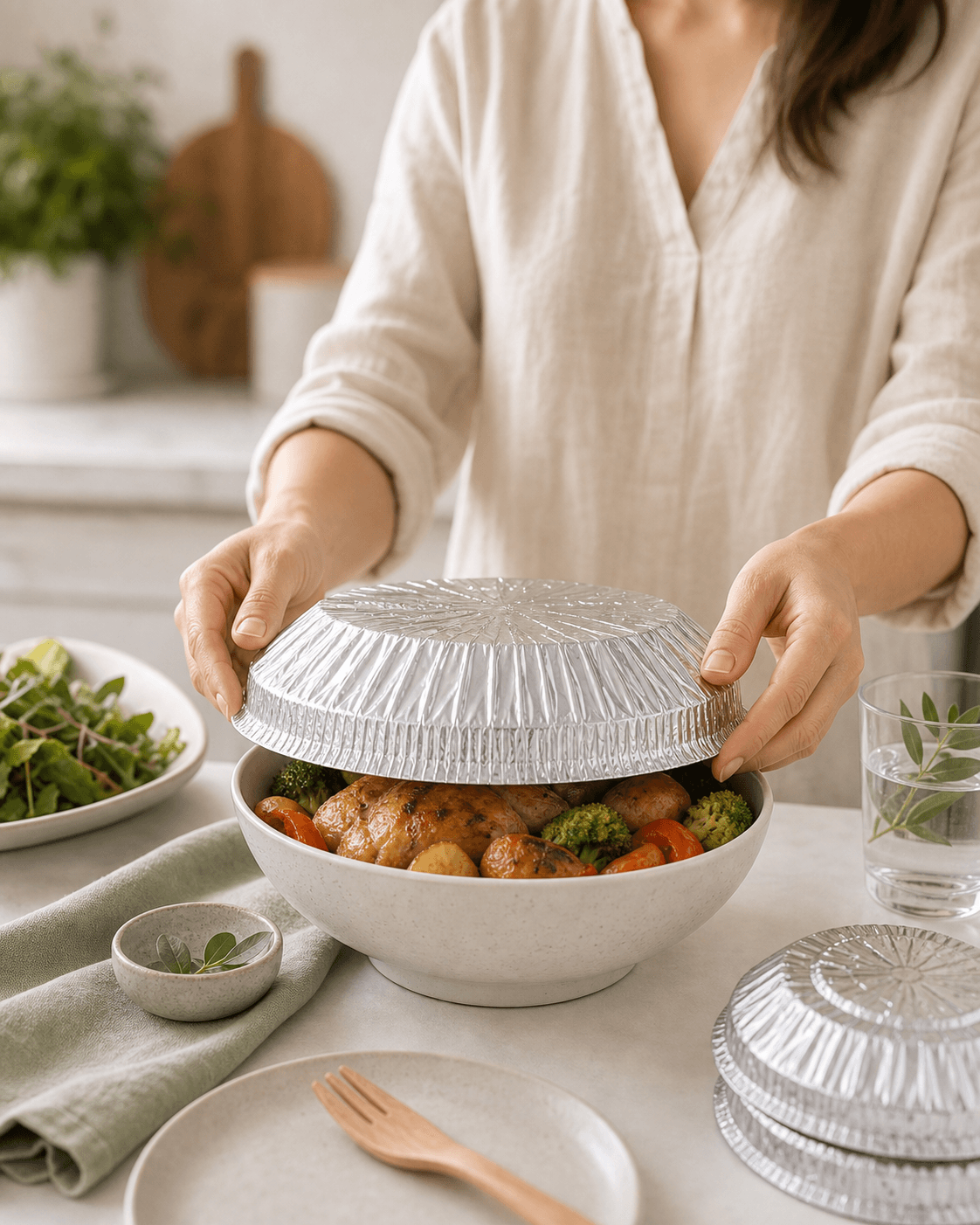 Premium lifestyle post with hands placing a silver foil dome cover over leftovers