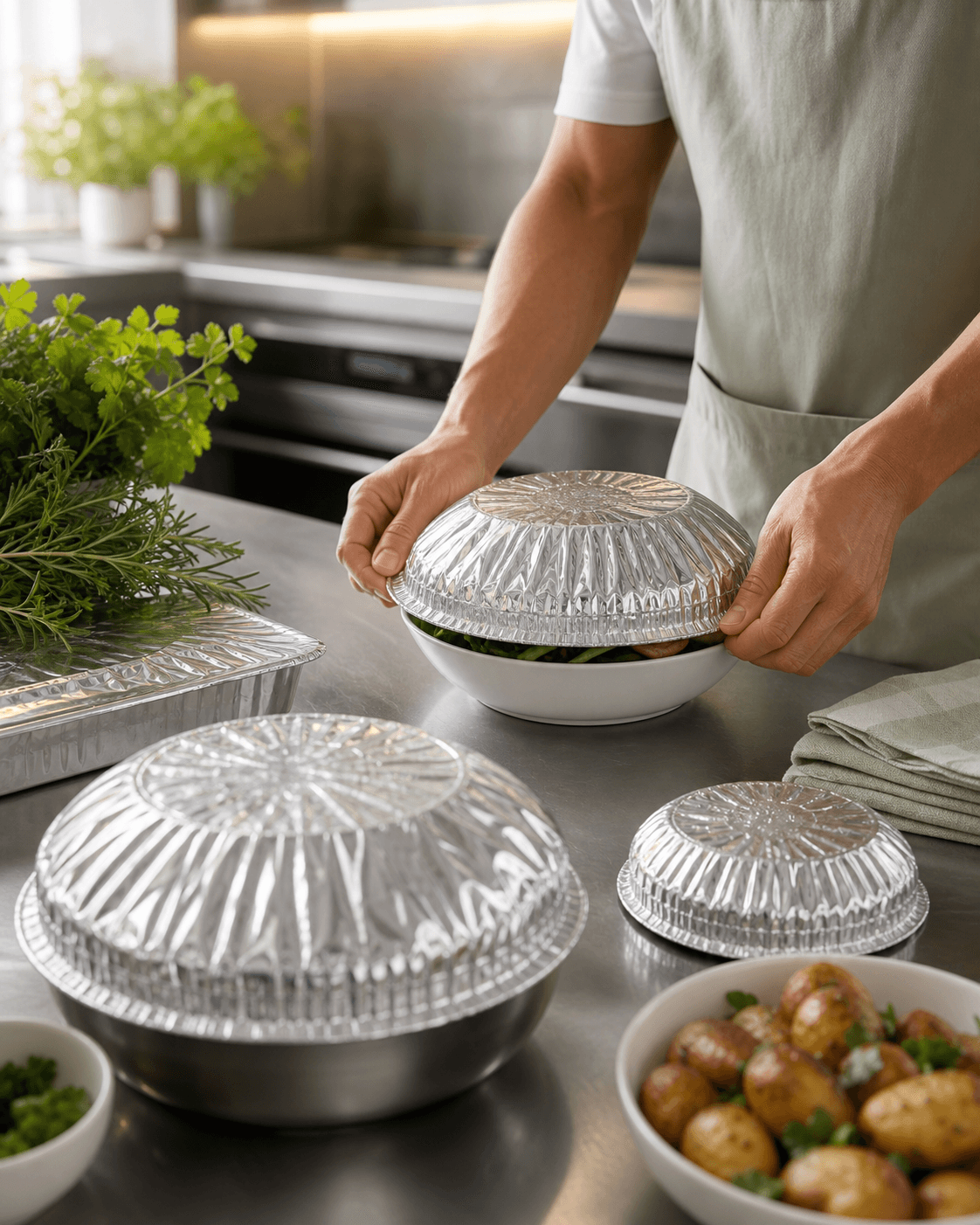 Restaurant prep mood-board post with silver foil dome covers on serving bowls