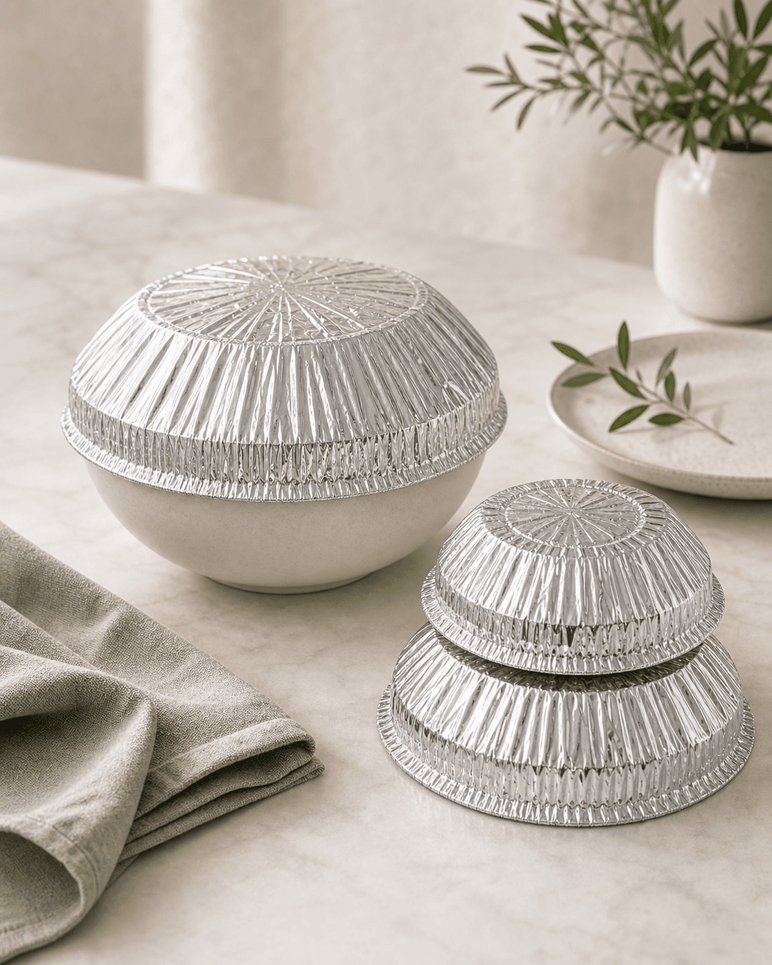 Instagram mood-board post of silver foil dome covers on a warm neutral kitchen counter