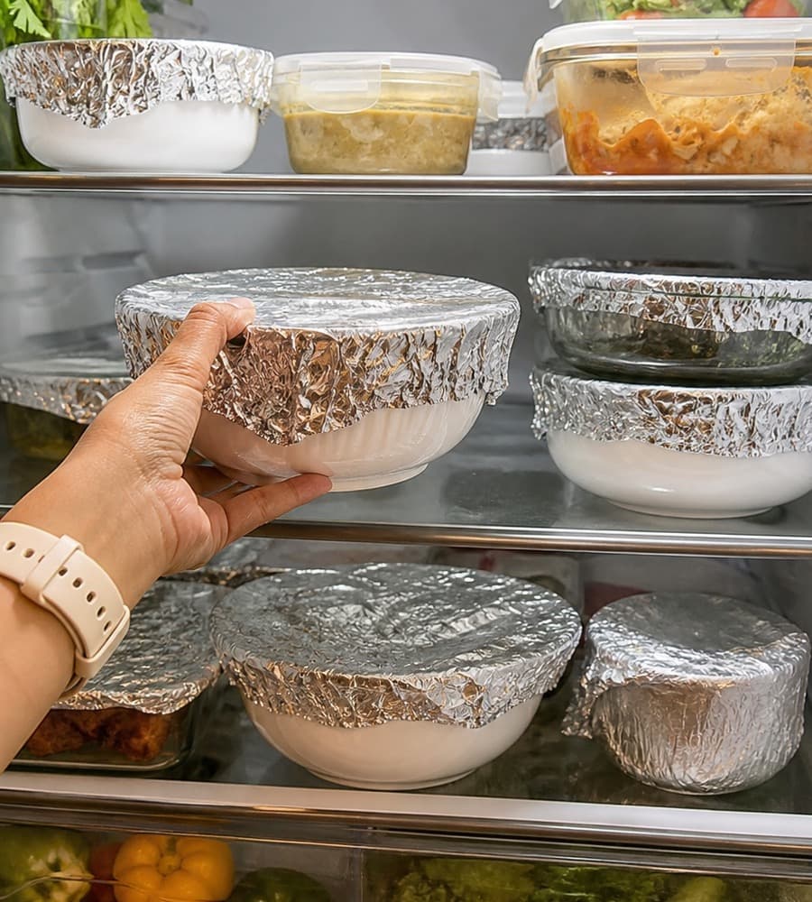 A refrigerator shelf with dishes protected by aluminum foil food covers