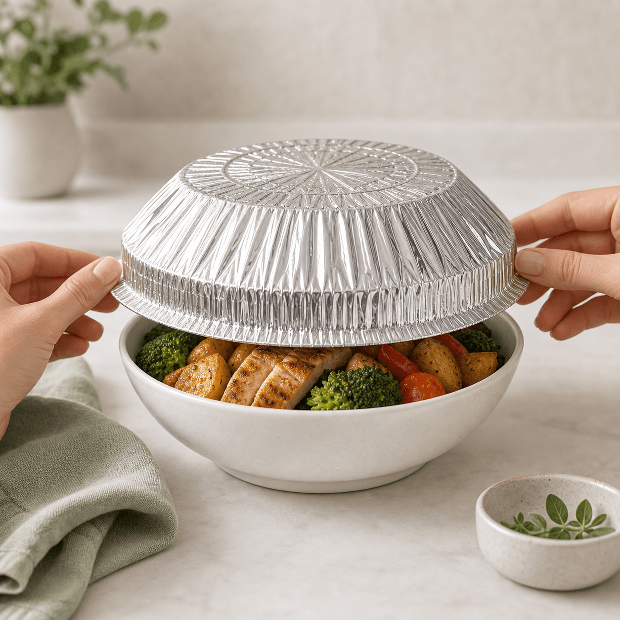 A model pressing a silver foil food cover over a bowl