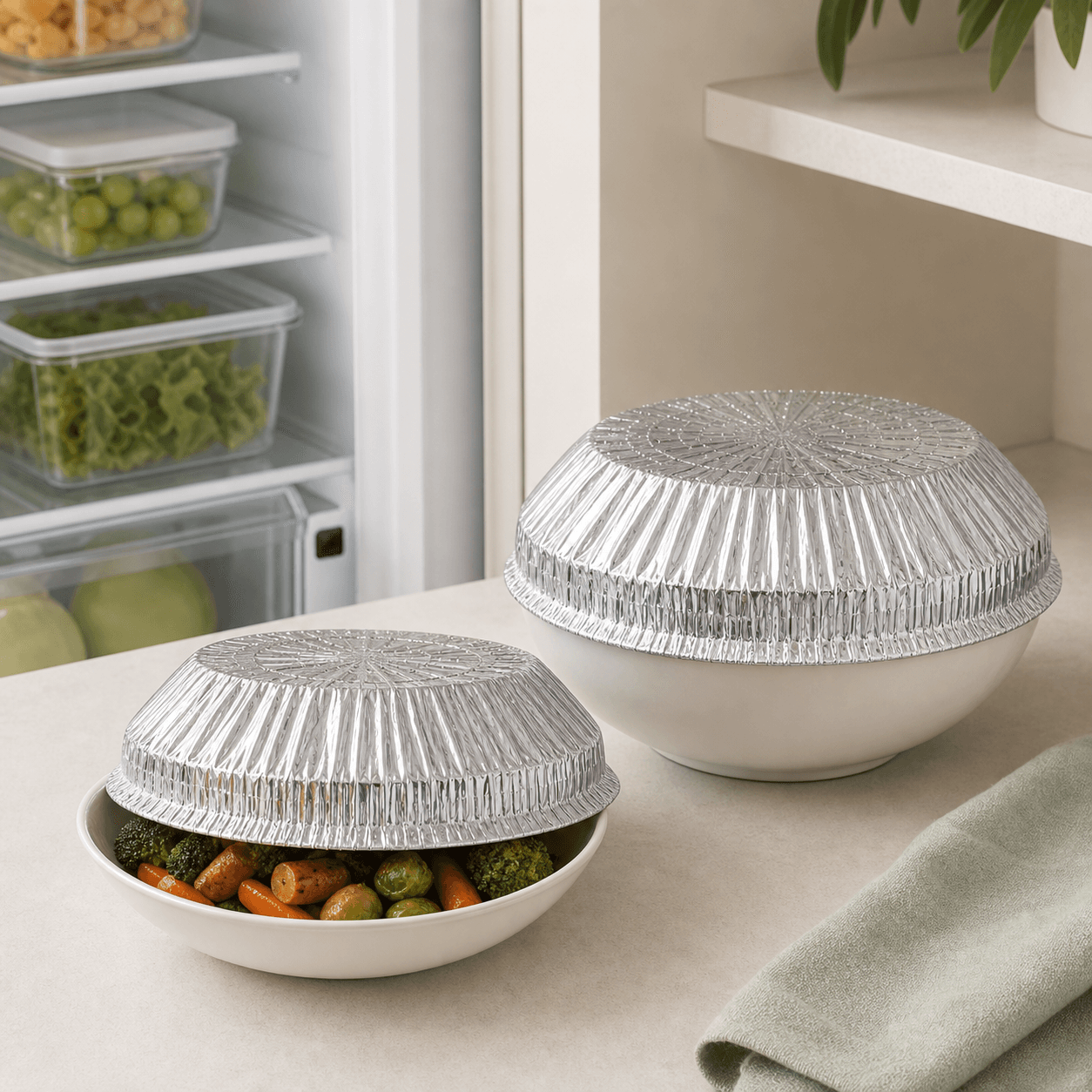 Covered bowls beside an open refrigerator in a clean kitchen