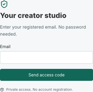 Actual FoilCover creator sign-in screen, showing the email field and Send access code button
